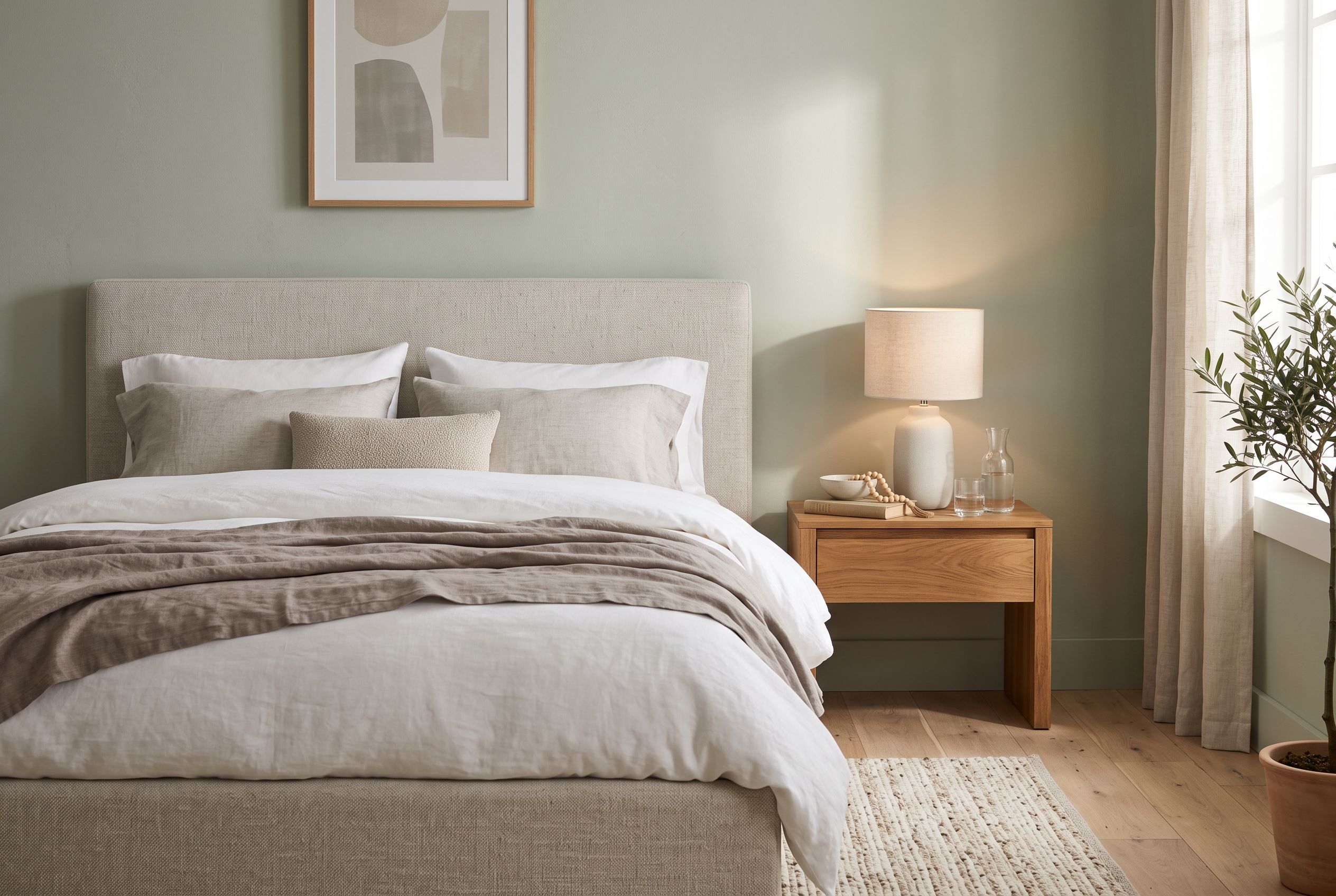 Calm bedroom with an upholstered bed, wood bedside table, lamp, and soft green wall.