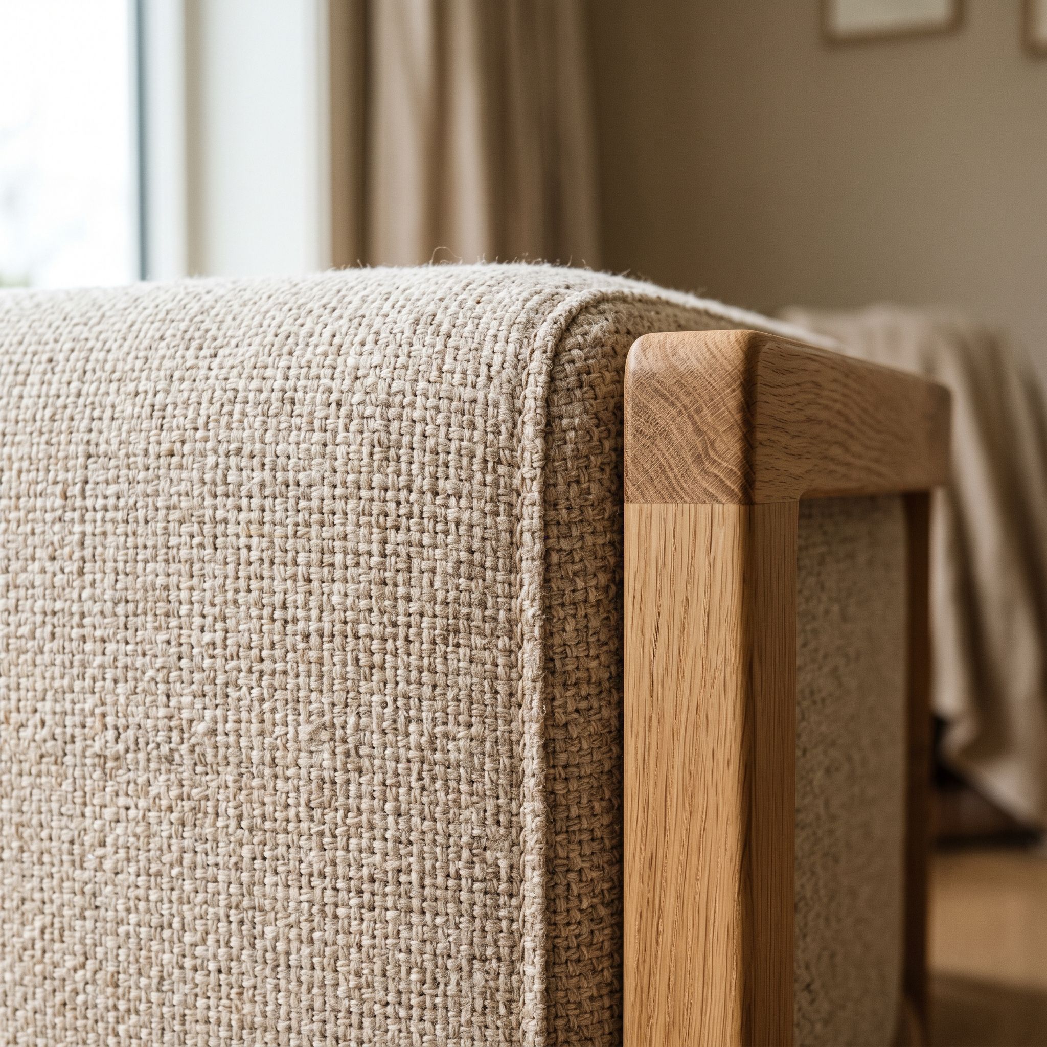 Close view of textured cream upholstery wrapped around a light wood chair arm.