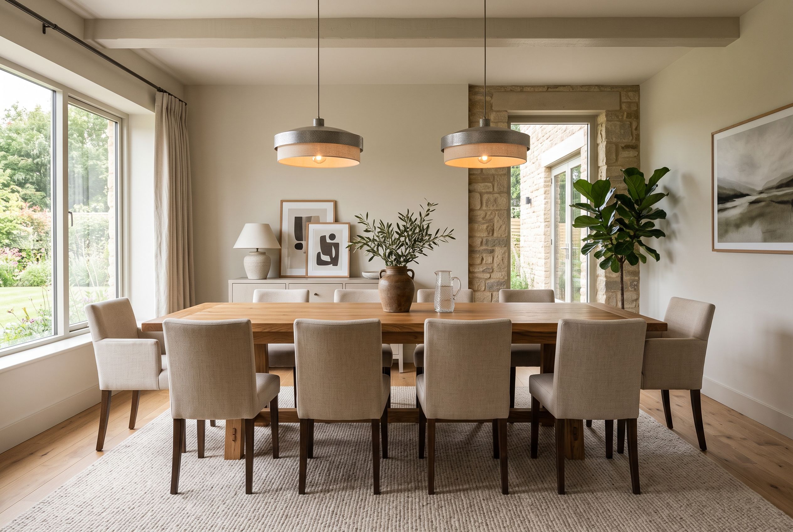 Dining room with a long wood table, ten upholstered chairs, pendant lights, and wide windows.
