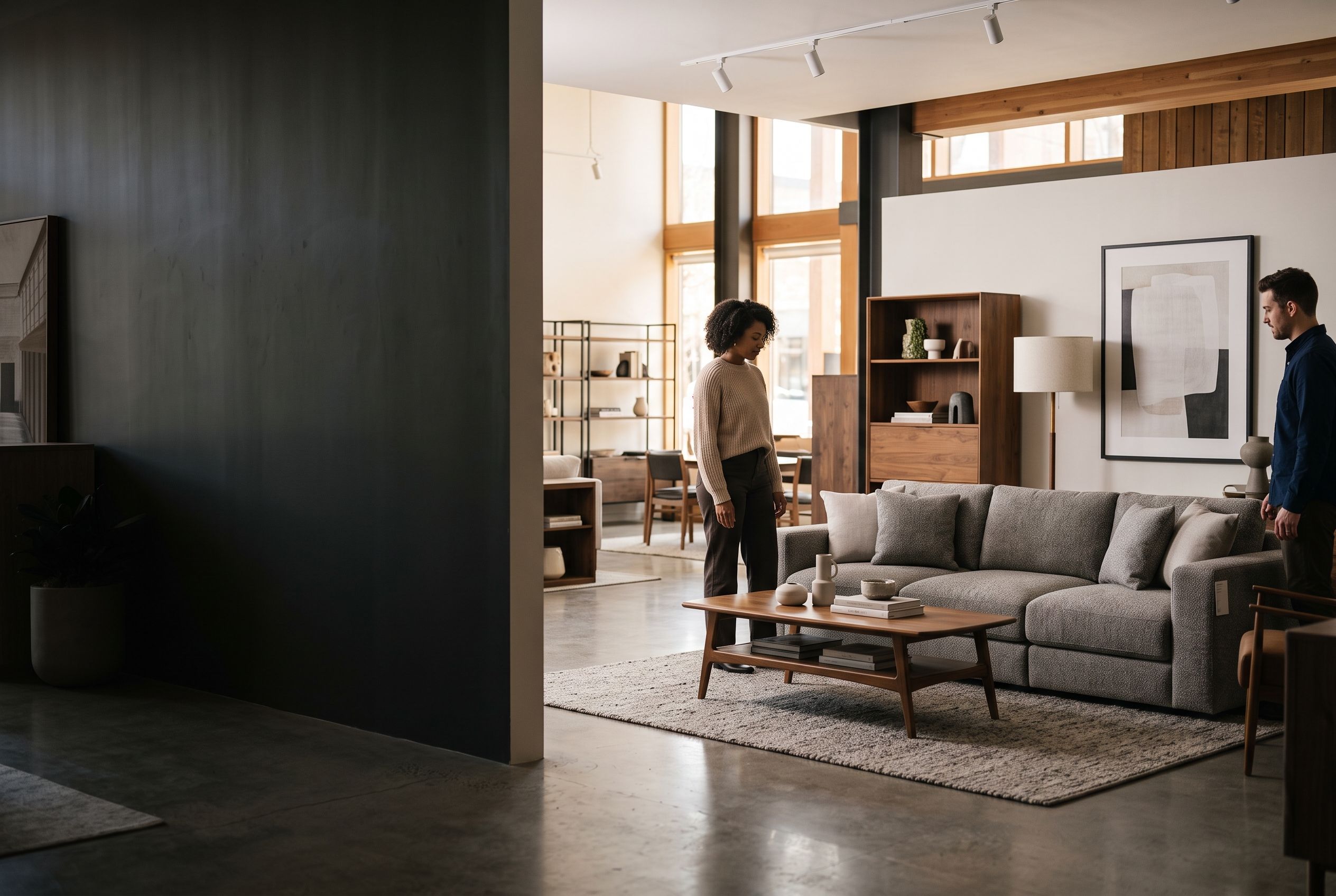 Furniture showroom scene with a gray sectional, wood shelving, and two shoppers.