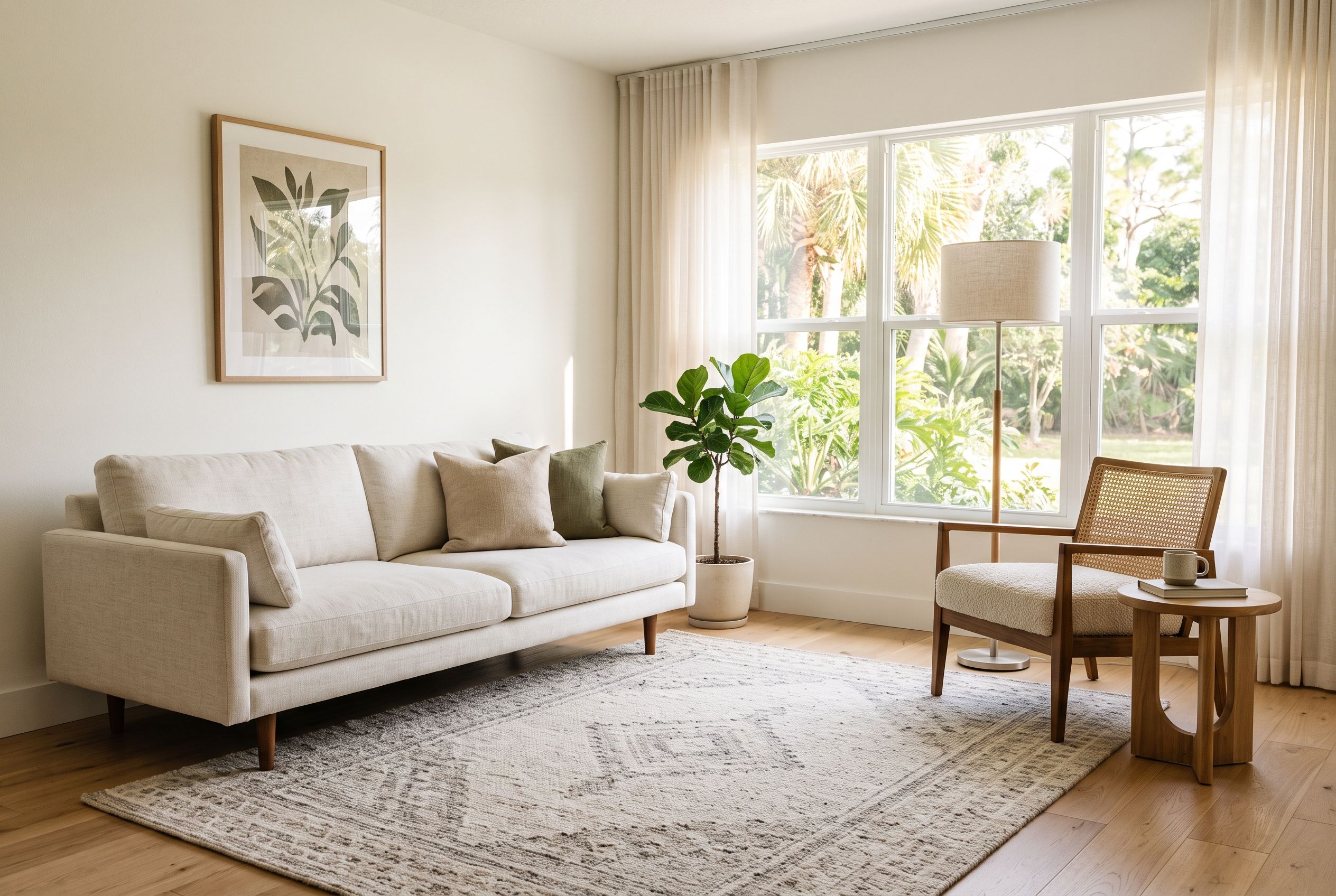 Bright living room with a cream sofa, cane chair, floor lamp, and large windows.